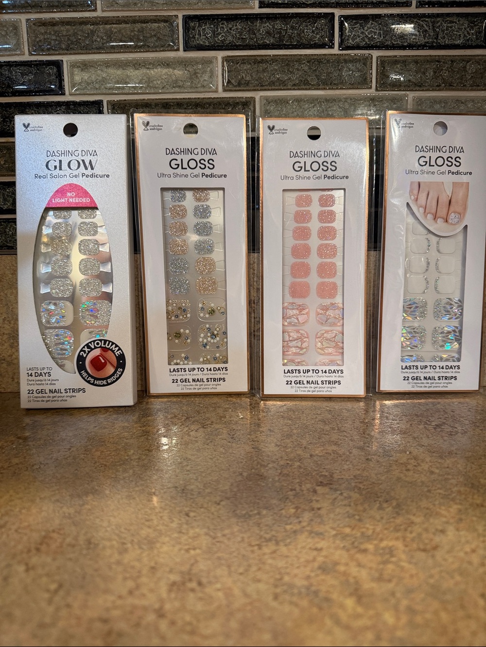 Dashing Diva Gloss & Glow Gel Pedicure Nail Strips Assorted Pink, Silver, White